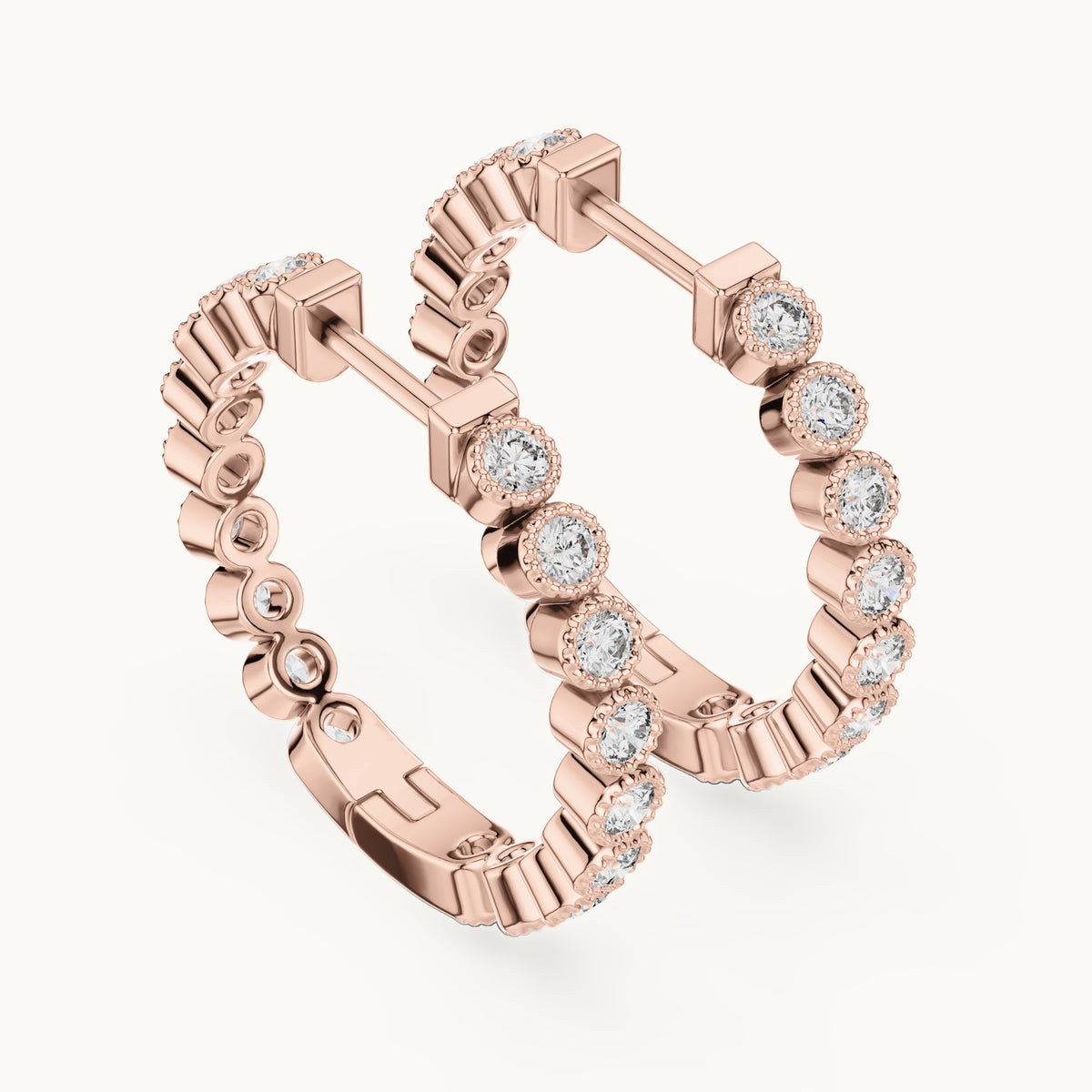 Round lab-grown diamond bezel station hoop earrings in rose gold, 0.36 CT TW, view 2
