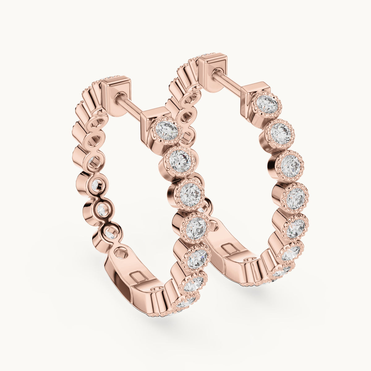 Round lab-grown diamond bezel station hoop earrings in rose gold, 0.36 CT TW, view 3