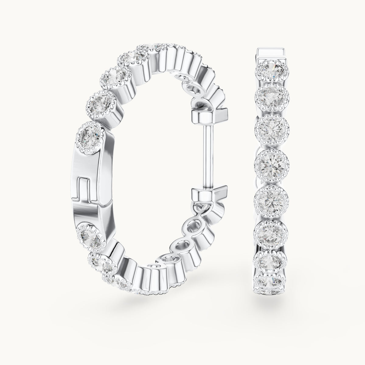 Round lab-grown diamond bezel station hoop earrings in white gold, 0.36 CT TW, view 1