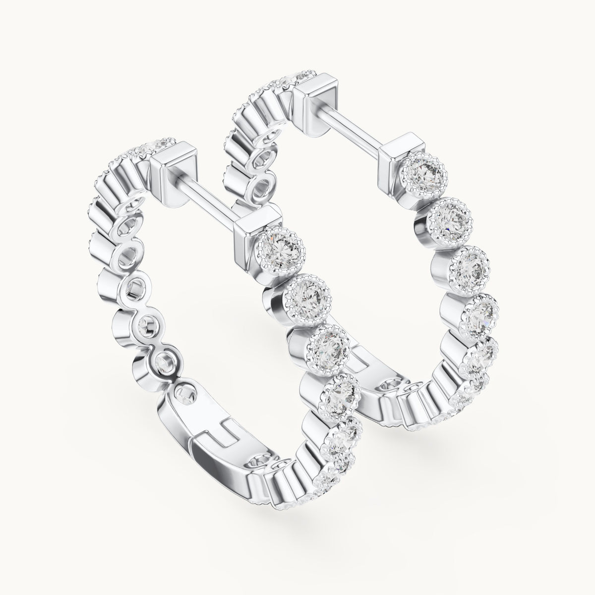 Round lab-grown diamond bezel station hoop earrings in white gold, 0.36 CT TW, view 2