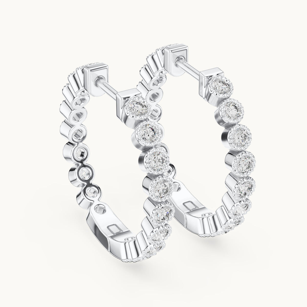 Round lab-grown diamond bezel station hoop earrings in white gold, 0.36 CT TW, view 3