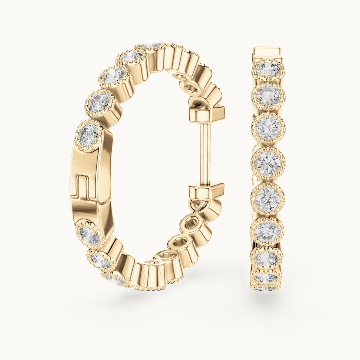 Round lab-grown diamond bezel station hoop earrings in yellow gold, 0.36 CT TW, view 1