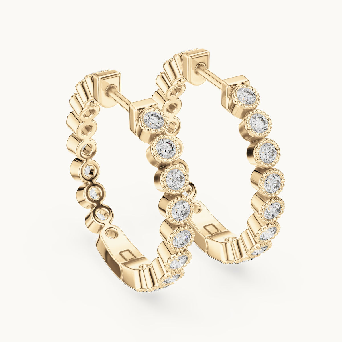 Round lab-grown diamond bezel station hoop earrings in yellow gold, 0.36 CT TW, view 3