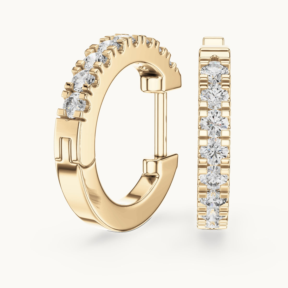 Round lab-grown diamond pave huggie hoop earrings in yellow gold, 0.24 CT TW, view 1