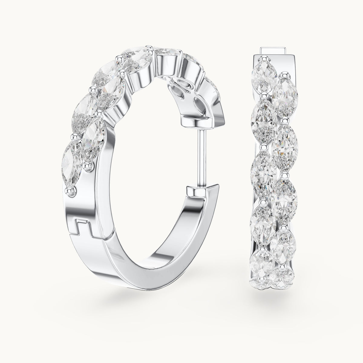 Marquise lab-grown diamond front-set hoop earrings in white gold, 1.60 CT TW, view 1