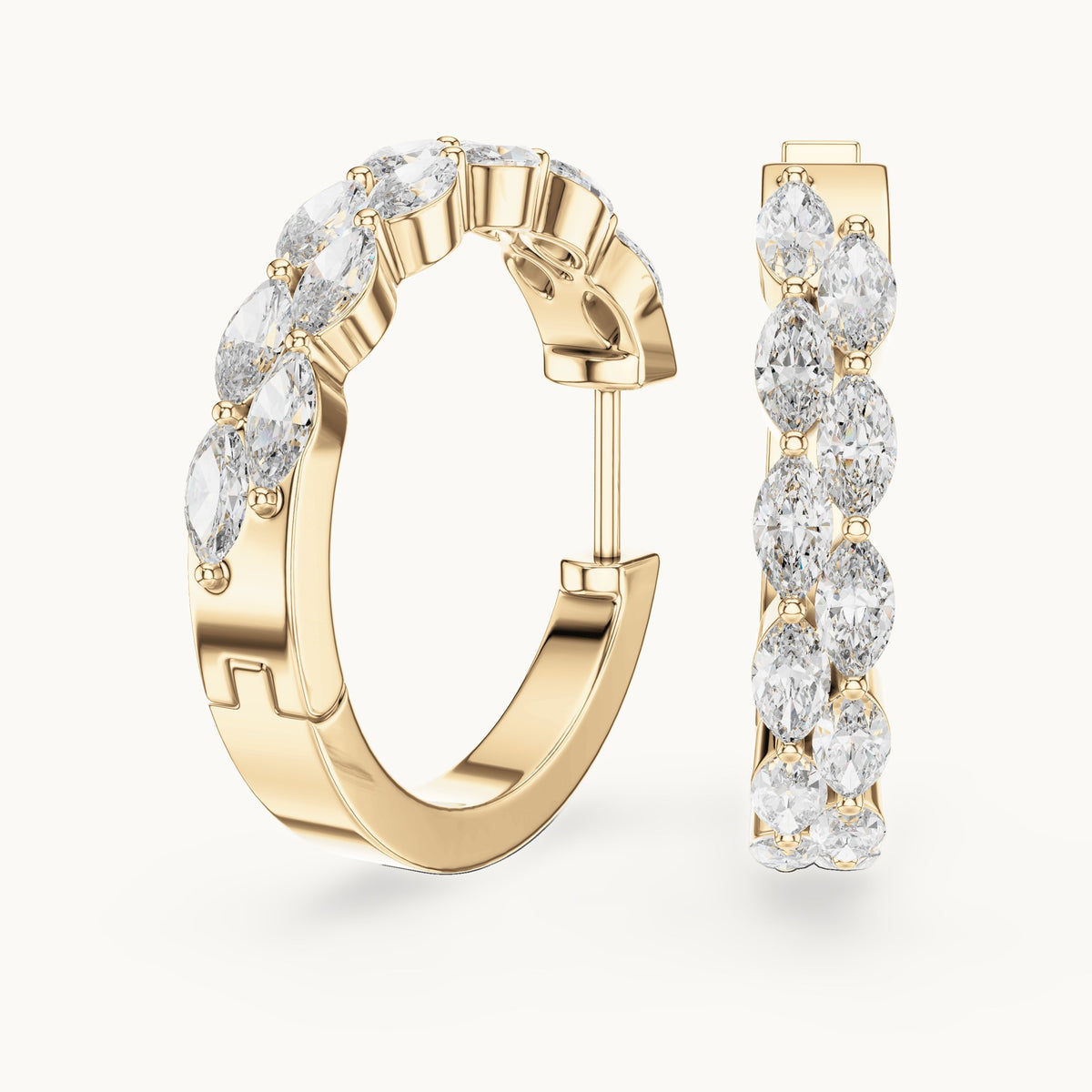 Marquise lab-grown diamond front-set hoop earrings in yellow gold, 1.60 CT TW, view 1