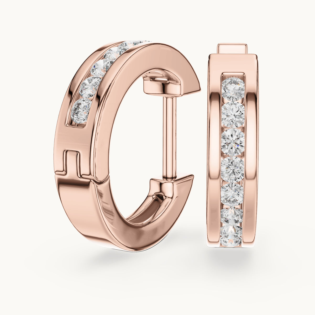 Round lab-grown diamond channel-set huggie hoop earrings in rose gold, 0.144 CT TW, view 1