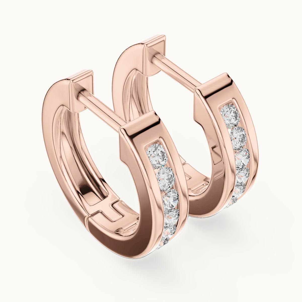 Round lab-grown diamond channel-set huggie hoop earrings in rose gold, 0.144 CT TW, view 2
