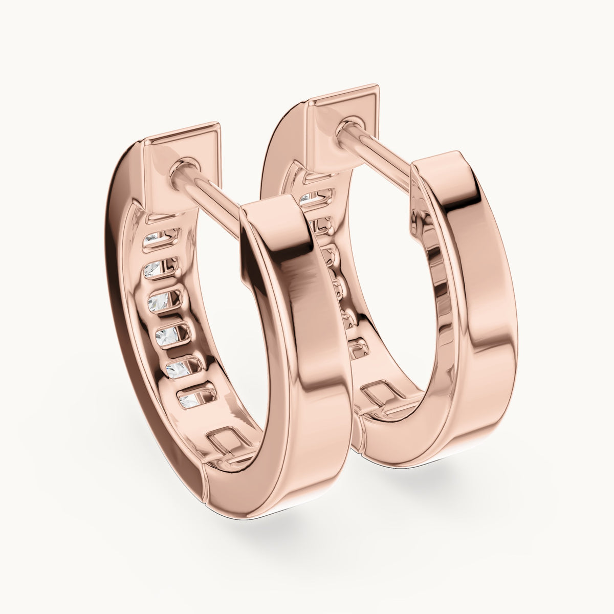 Round lab-grown diamond channel-set huggie hoop earrings in rose gold, 0.144 CT TW, view 3