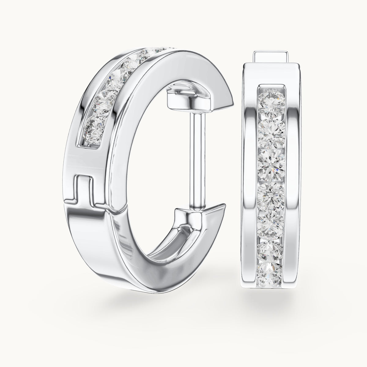 Round lab-grown diamond channel-set huggie hoop earrings in white gold, 0.144 CT TW, view 1