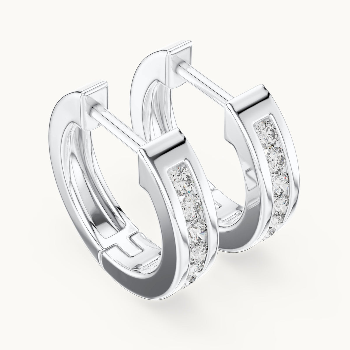 Round lab-grown diamond channel-set huggie hoop earrings in white gold, 0.144 CT TW, view 2