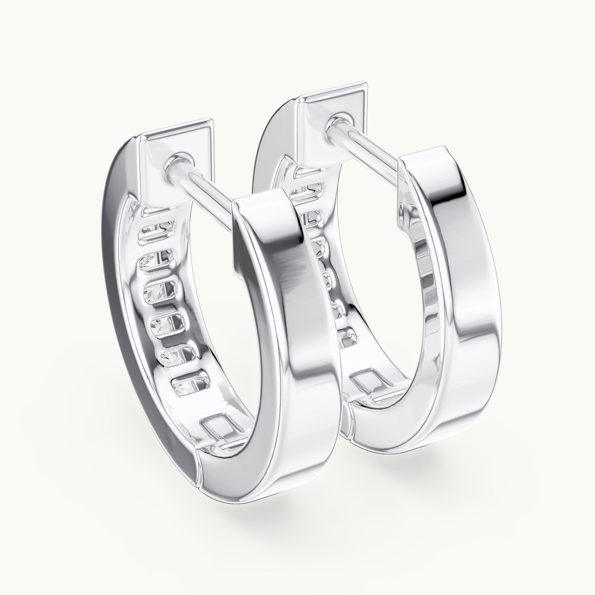 Round lab-grown diamond channel-set huggie hoop earrings in white gold, 0.144 CT TW, view 3