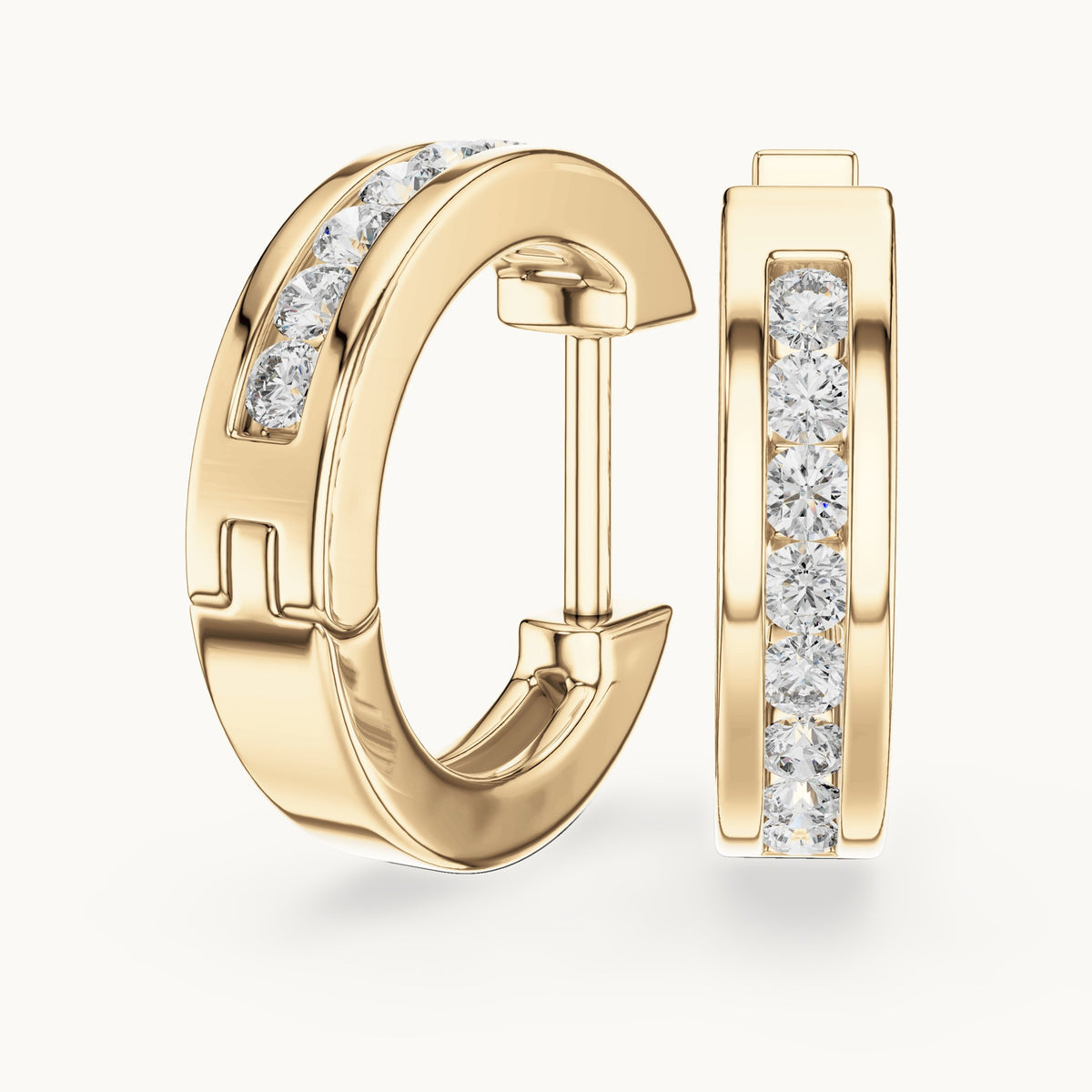 Round lab-grown diamond channel-set huggie hoop earrings in yellow gold, 0.144 CT TW, view 1