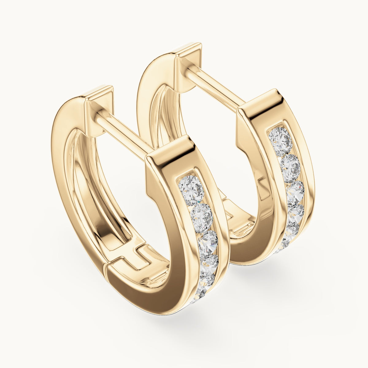 Round lab-grown diamond channel-set huggie hoop earrings in yellow gold, 0.144 CT TW, view 2