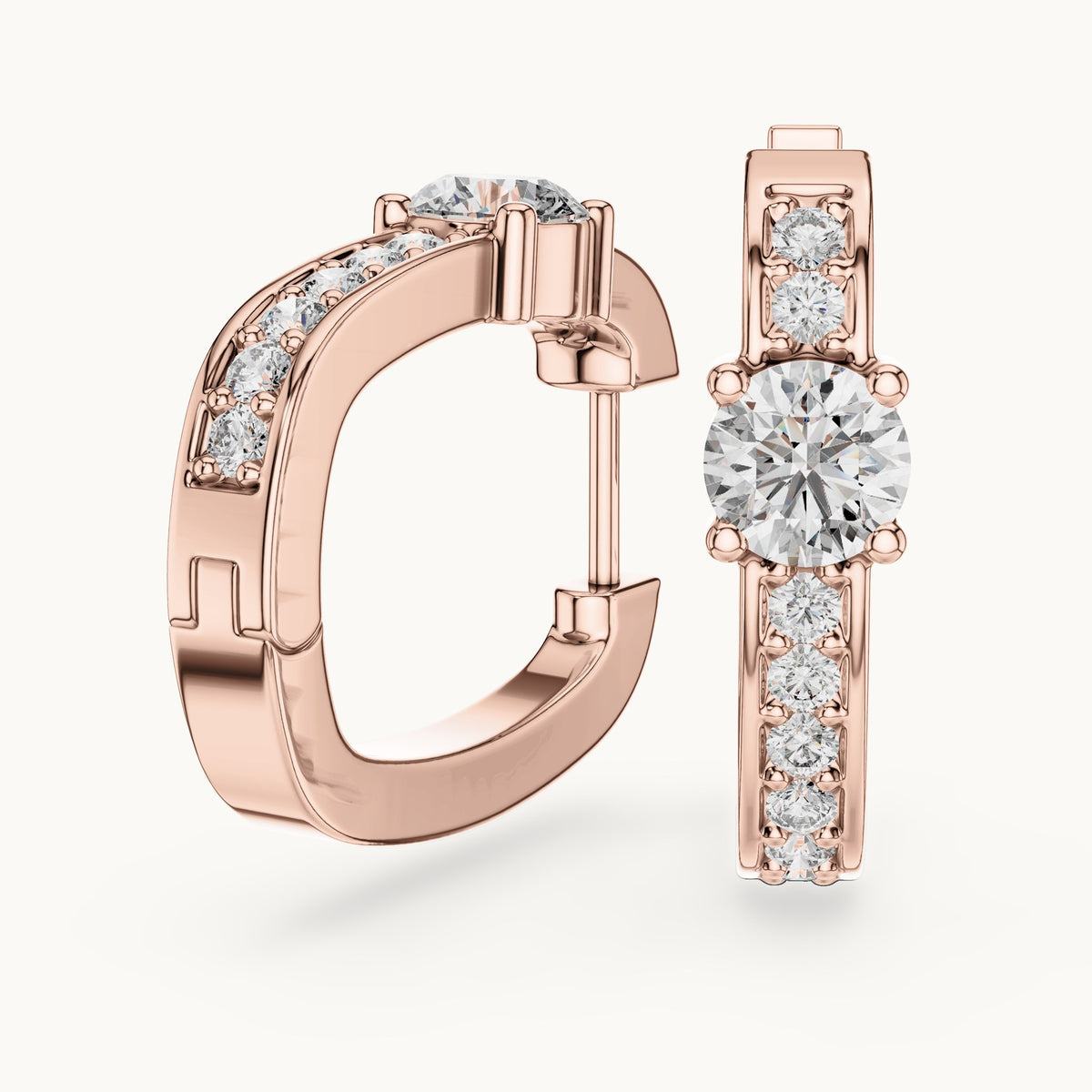 Round lab-grown diamond solitaire accent hoop earrings in rose gold, 0.792 CT TW, view 1