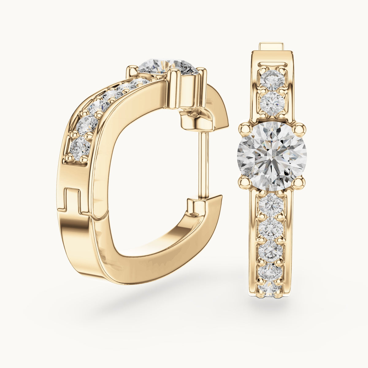 Round lab-grown diamond solitaire accent hoop earrings in yellow gold, 0.792 CT TW, view 1