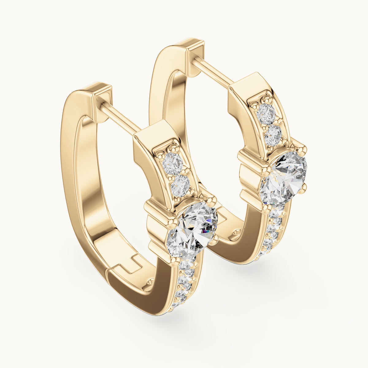 Round lab-grown diamond solitaire accent hoop earrings in yellow gold, 0.792 CT TW, view 2