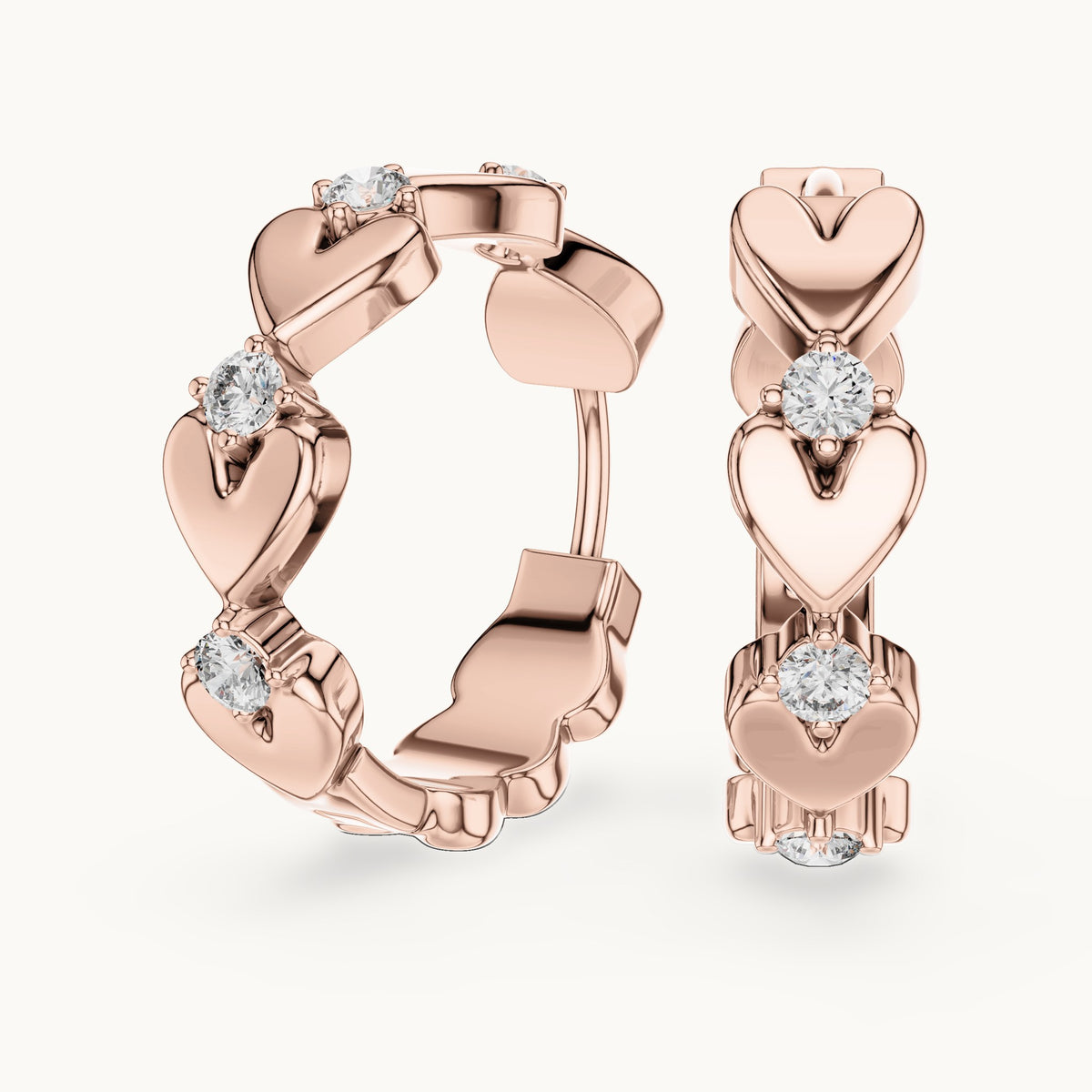 Round lab-grown diamond heart link hoop earrings in rose gold, 0.36 CT TW, view 1