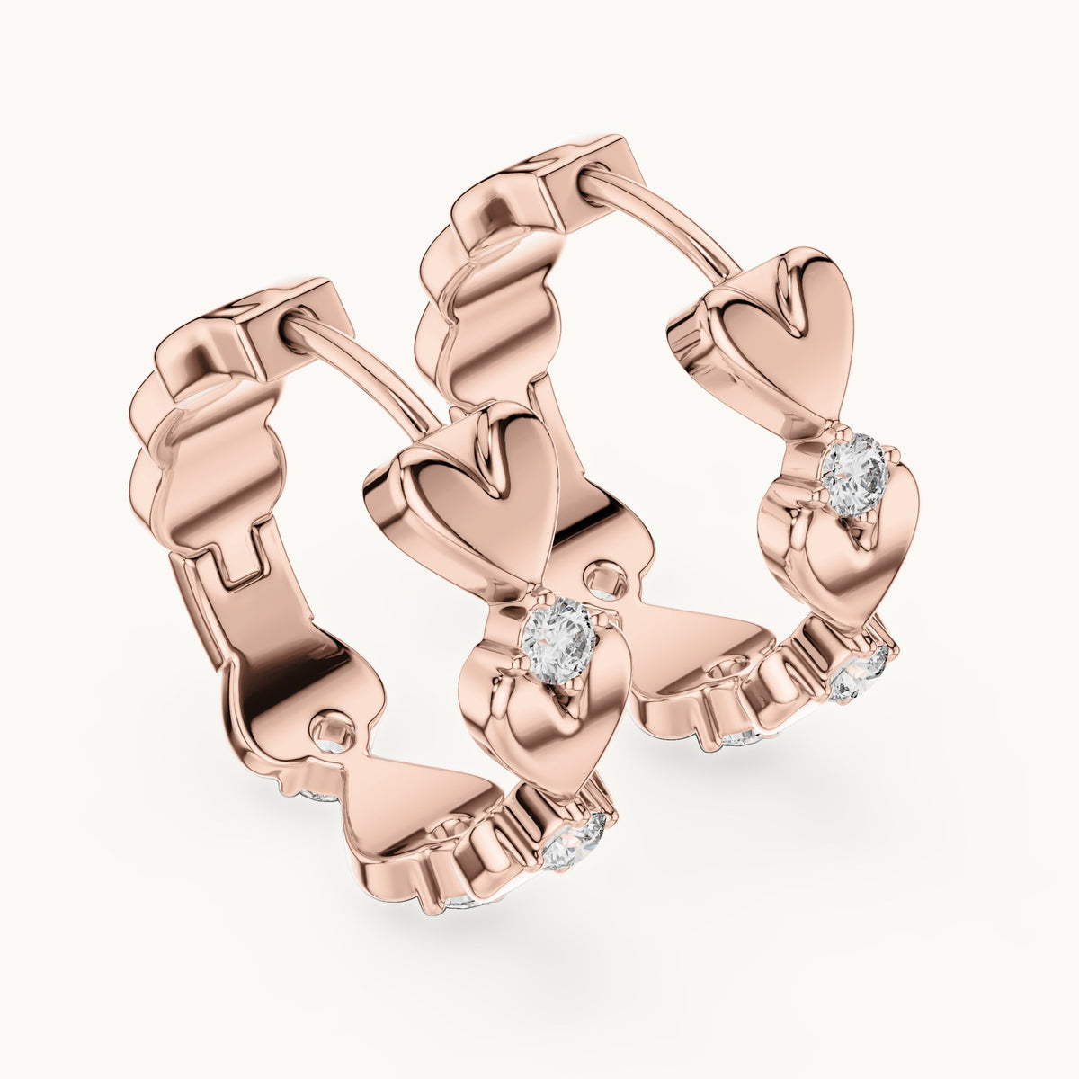 Round lab-grown diamond heart link hoop earrings in rose gold, 0.36 CT TW, view 2
