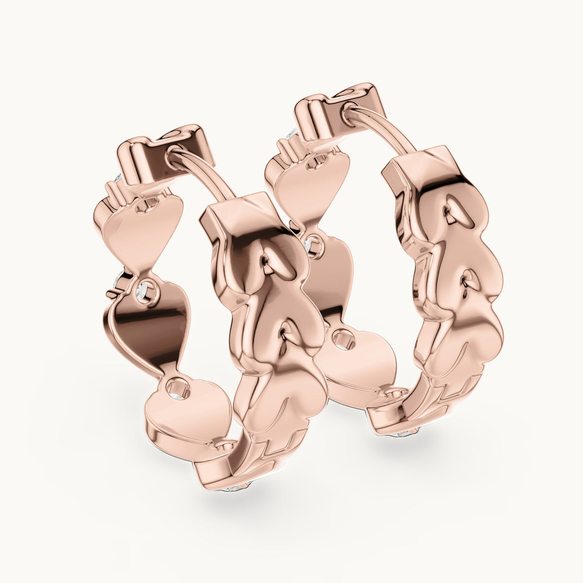 Round lab-grown diamond heart link hoop earrings in rose gold, 0.36 CT TW, view 3
