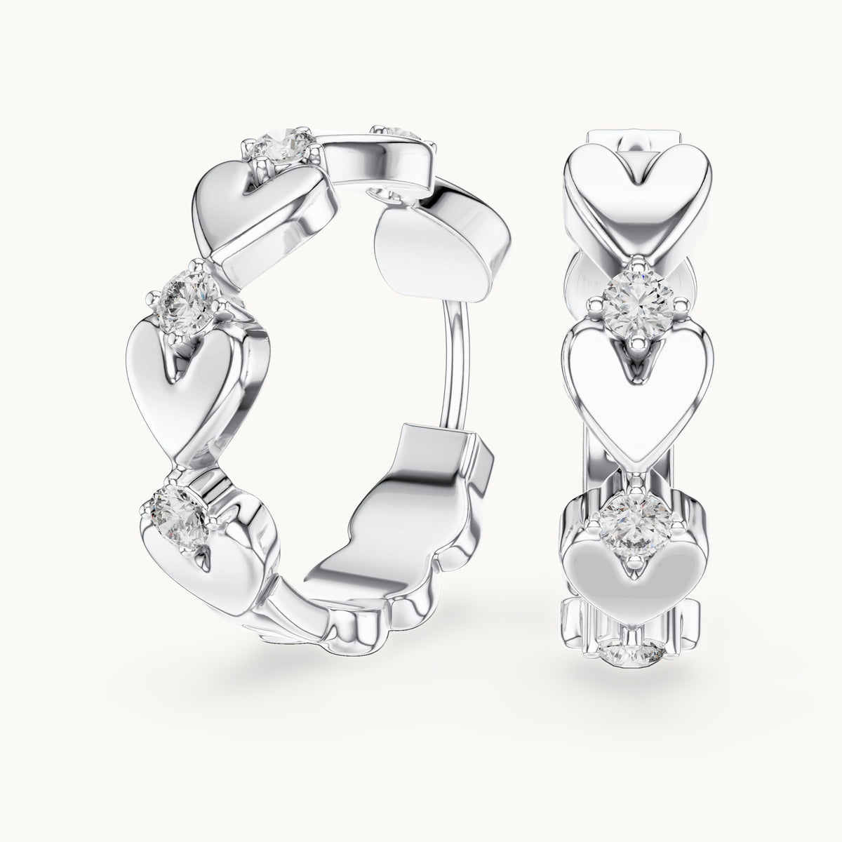 Round lab-grown diamond heart link hoop earrings in white gold, 0.36 CT TW, view 1