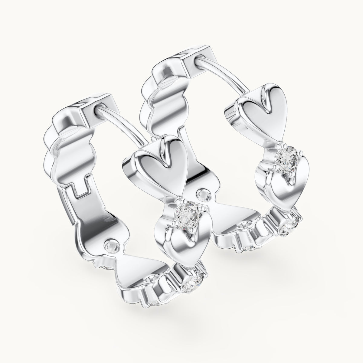 Round lab-grown diamond heart link hoop earrings in white gold, 0.36 CT TW, view 2