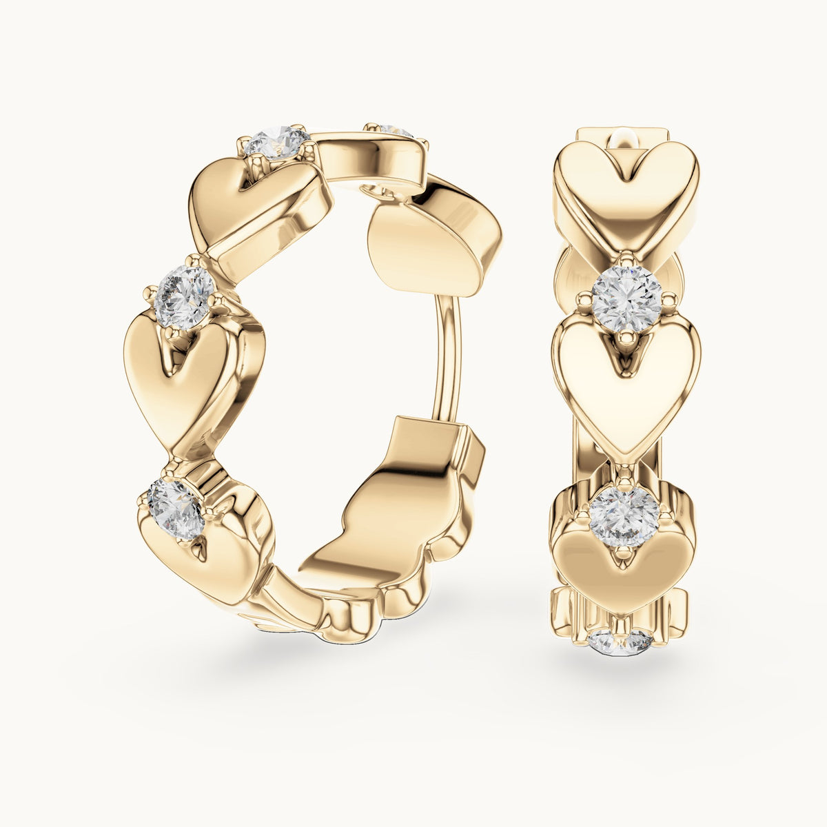 Round lab-grown diamond heart link hoop earrings in yellow gold, 0.36 CT TW, view 1