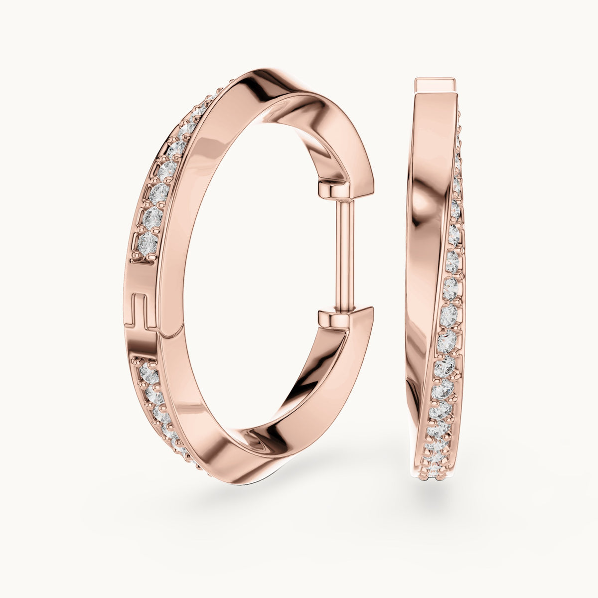 Round lab-grown diamond inside-out pave hoop earrings in rose gold, 0.38 CT TW, view 1