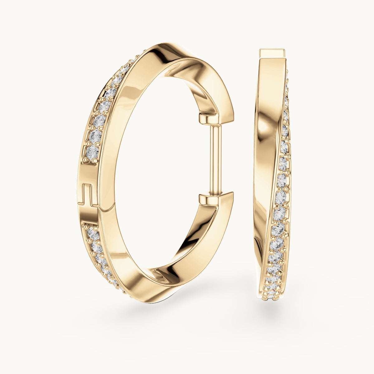 Round lab-grown diamond inside-out pave hoop earrings in yellow gold, 0.38 CT TW, view 1