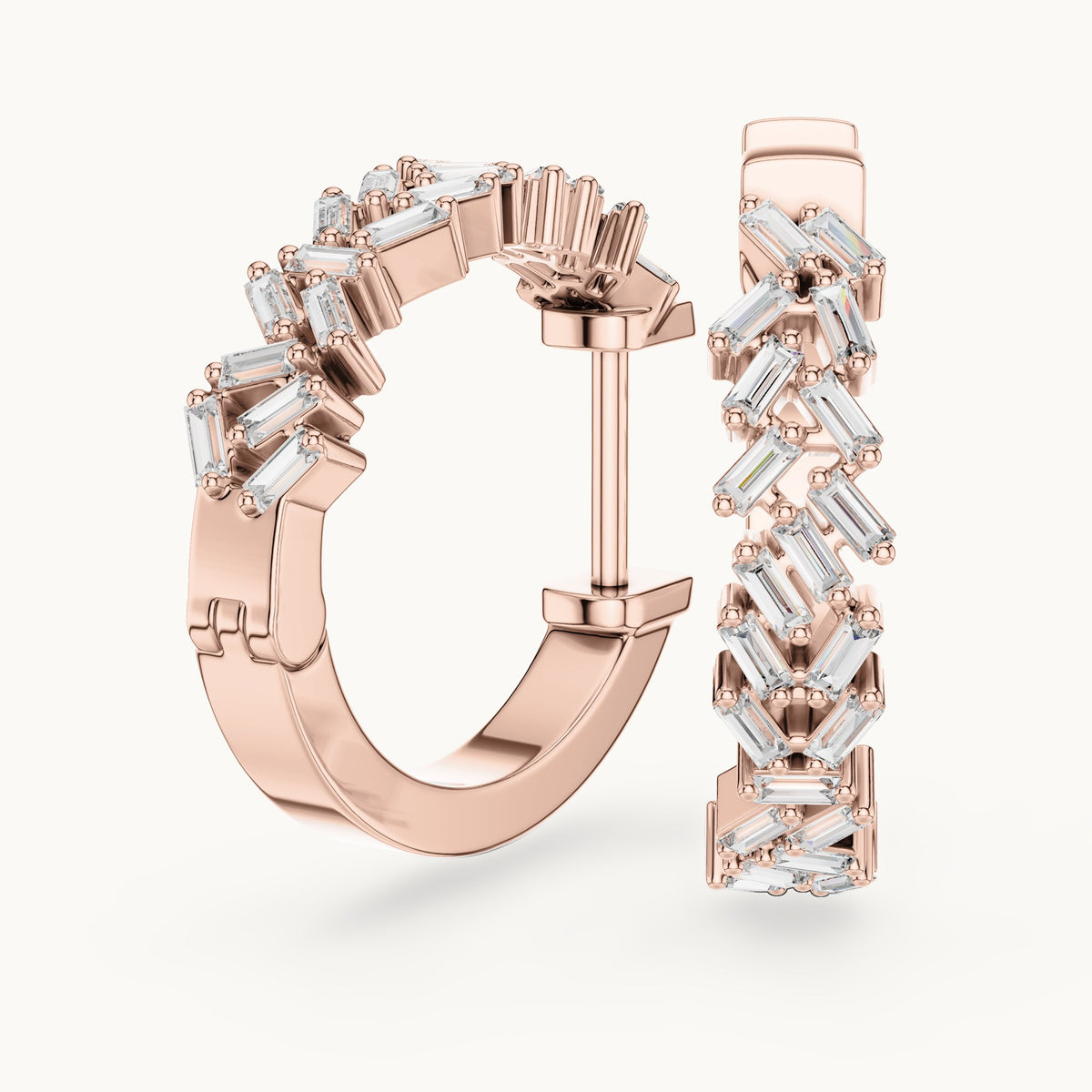 Baguette lab-grown diamond zigzag hoop earrings in rose gold, 0.64 CT TW, view 1
