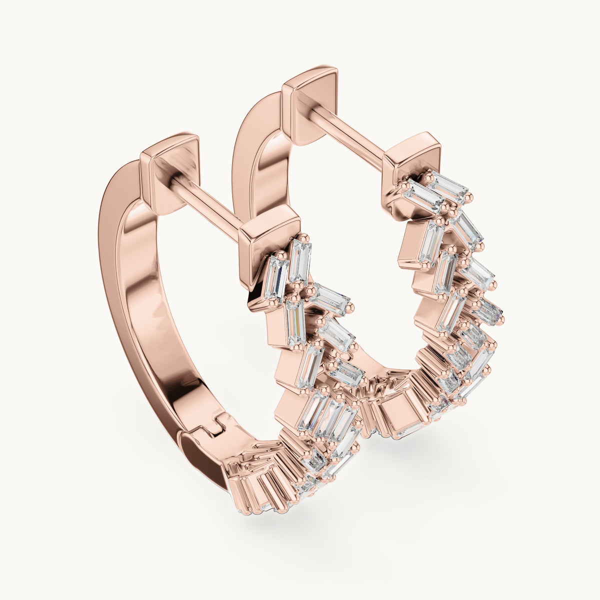 Baguette lab-grown diamond zigzag hoop earrings in rose gold, 0.64 CT TW, view 2