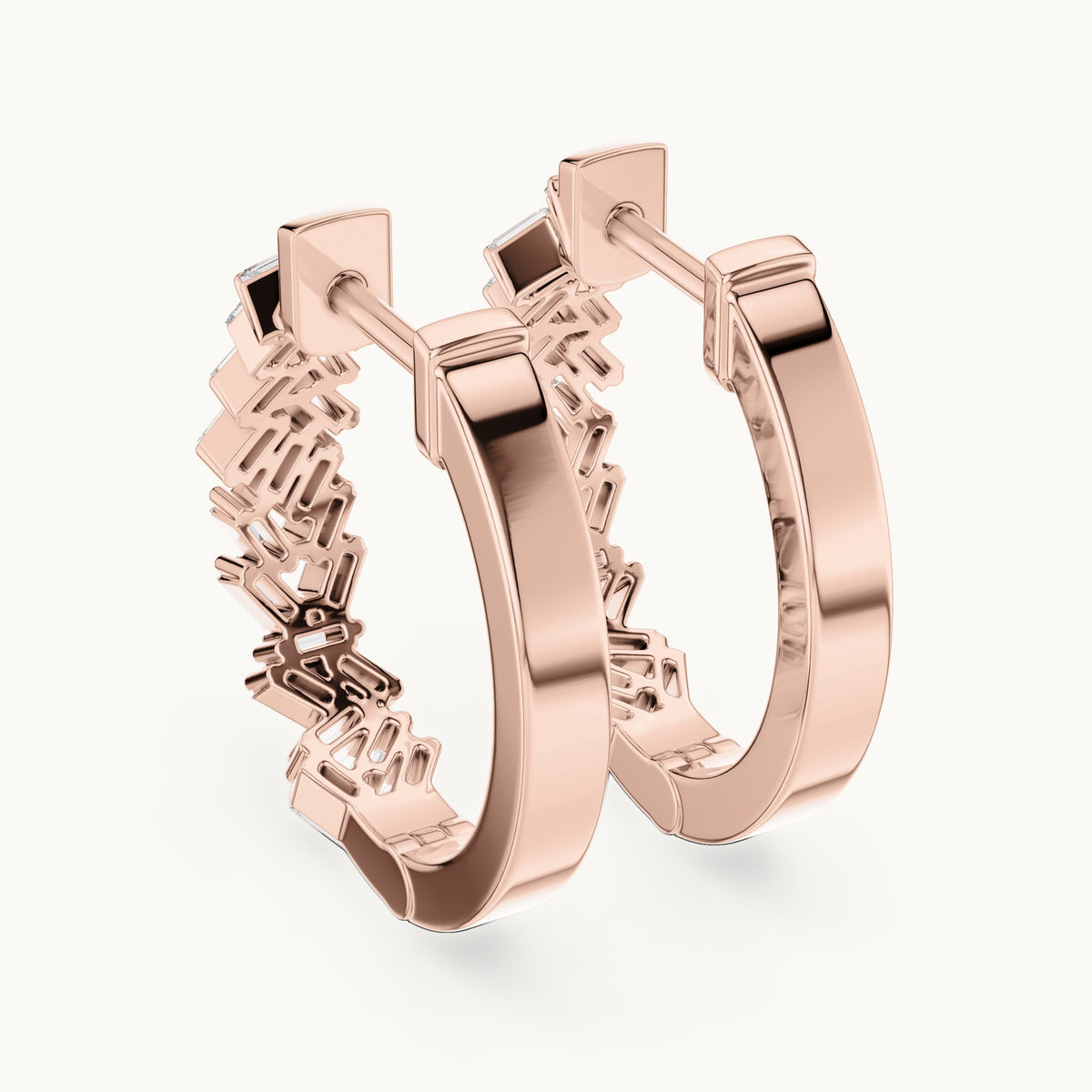 Baguette lab-grown diamond zigzag hoop earrings in rose gold, 0.64 CT TW, view 3