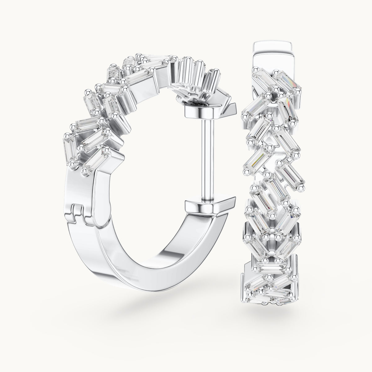 Baguette lab-grown diamond zigzag hoop earrings in white gold, 0.64 CT TW, view 1