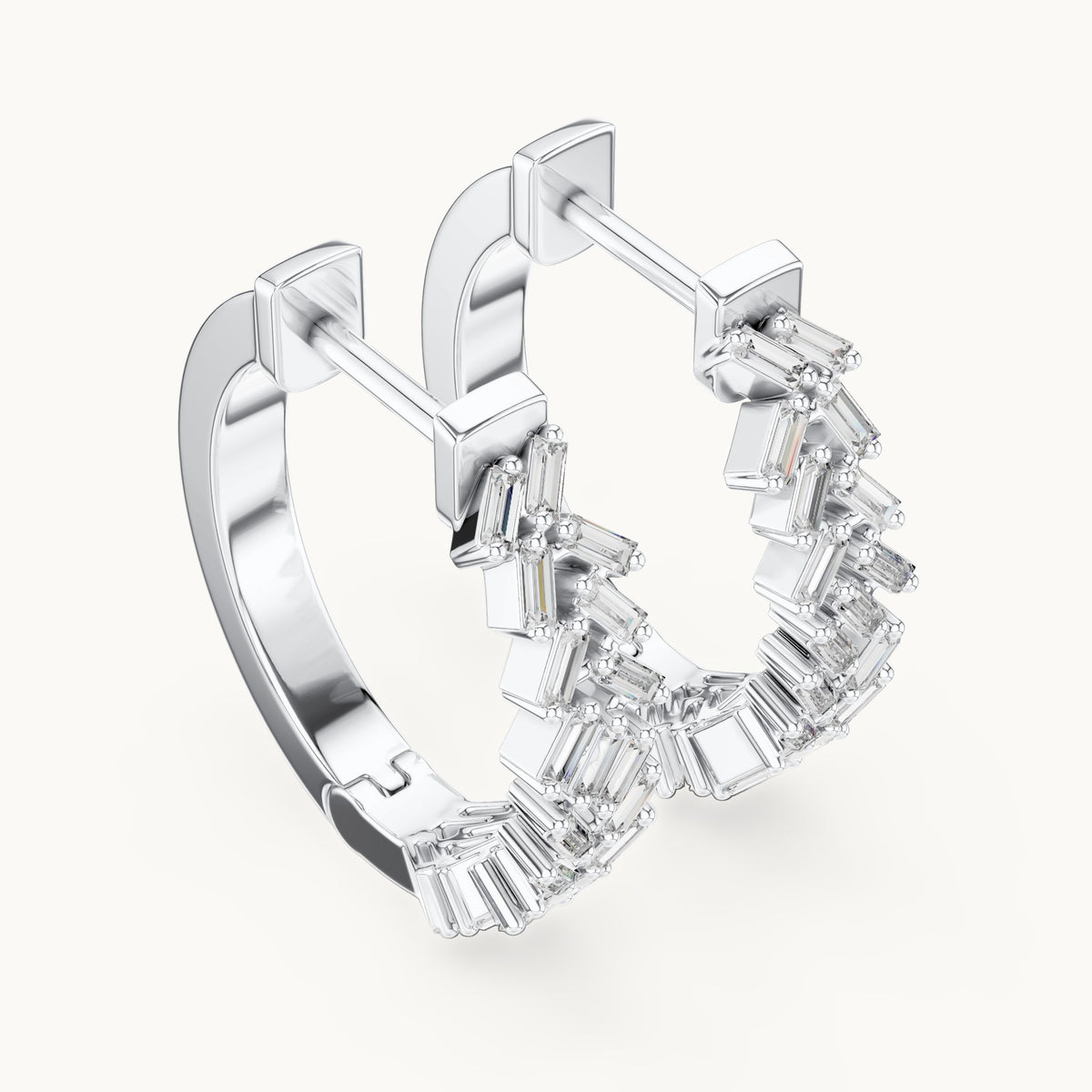 Baguette lab-grown diamond zigzag hoop earrings in white gold, 0.64 CT TW, view 2