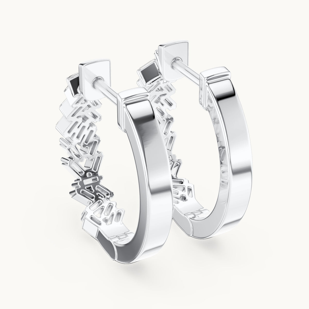 Baguette lab-grown diamond zigzag hoop earrings in white gold, 0.64 CT TW, view 3