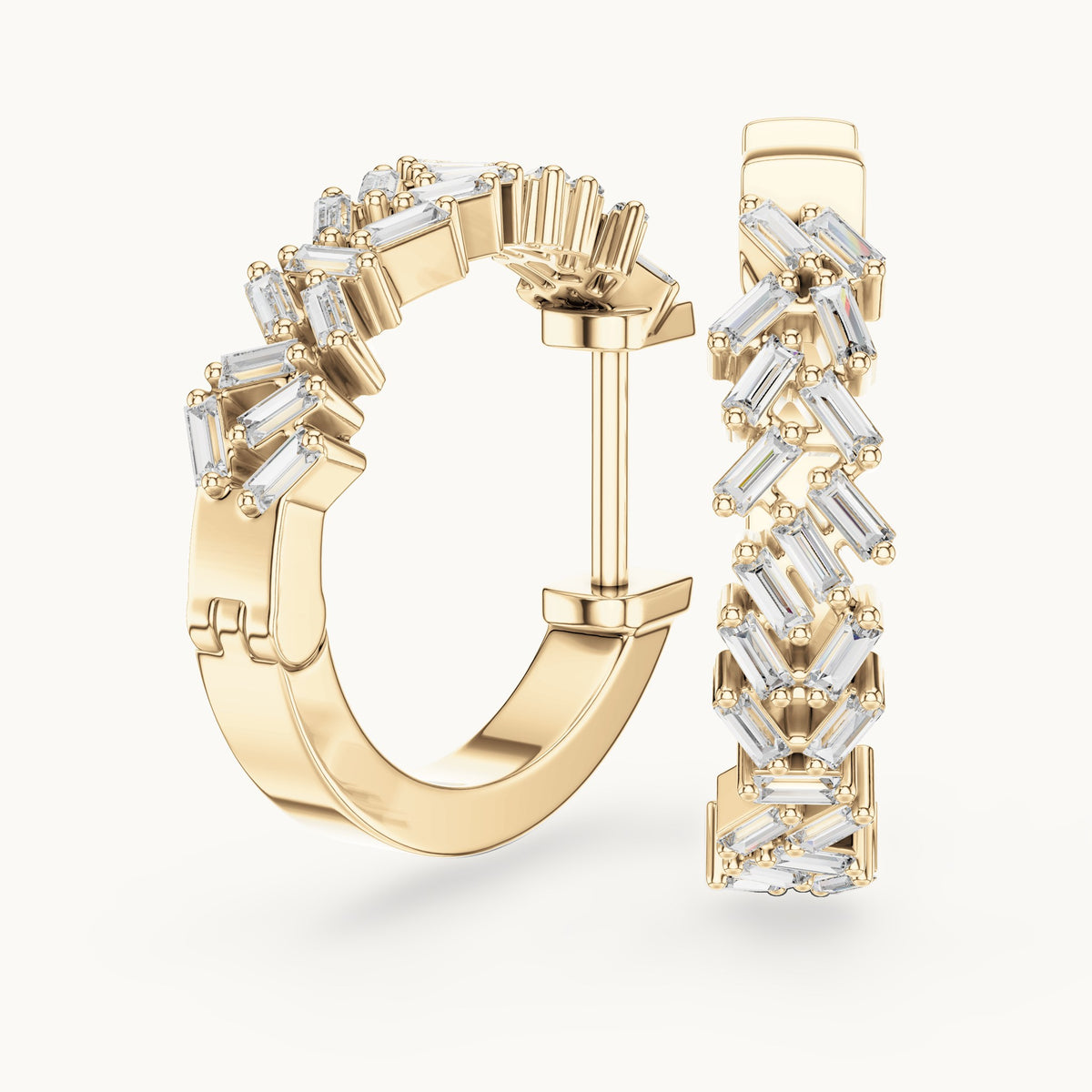 Baguette lab-grown diamond zigzag hoop earrings in yellow gold, 0.64 CT TW, view 1