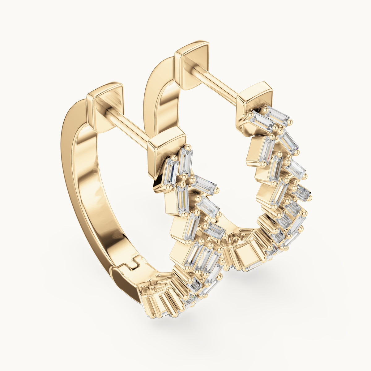 Baguette lab-grown diamond zigzag hoop earrings in yellow gold, 0.64 CT TW, view 2