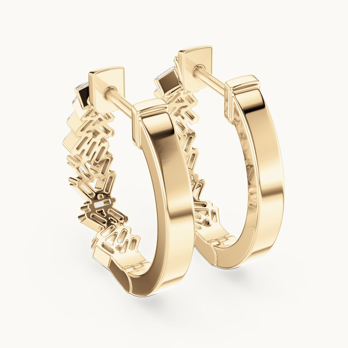 Baguette lab-grown diamond zigzag hoop earrings in yellow gold, 0.64 CT TW, view 3