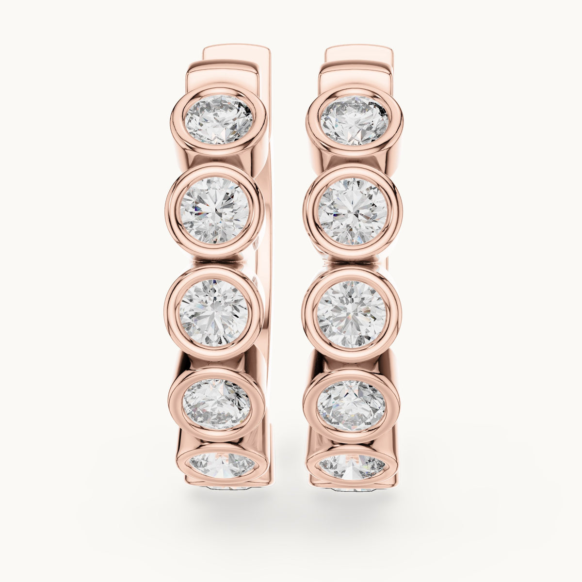 Round lab-grown diamond bezel bubble huggie earrings in rose gold, 1.32 CT TW, view 1