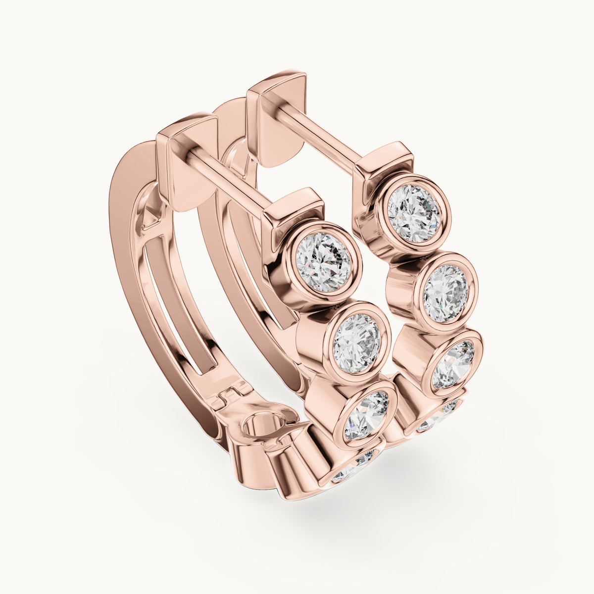 Round lab-grown diamond bezel bubble huggie earrings in rose gold, 1.32 CT TW, view 2