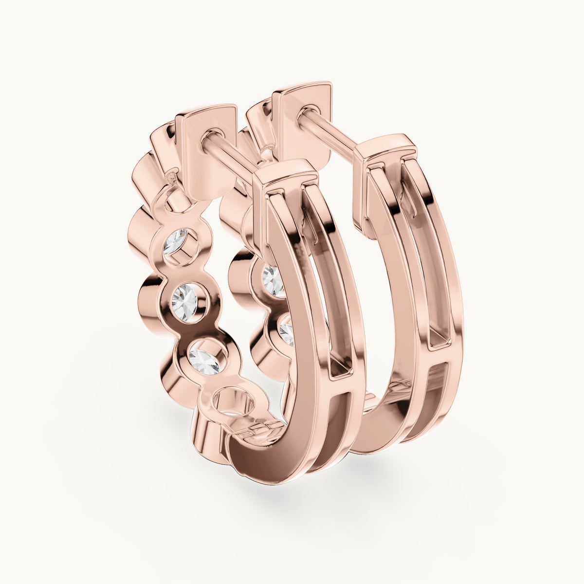 Round lab-grown diamond bezel bubble huggie earrings in rose gold, 1.32 CT TW, view 3
