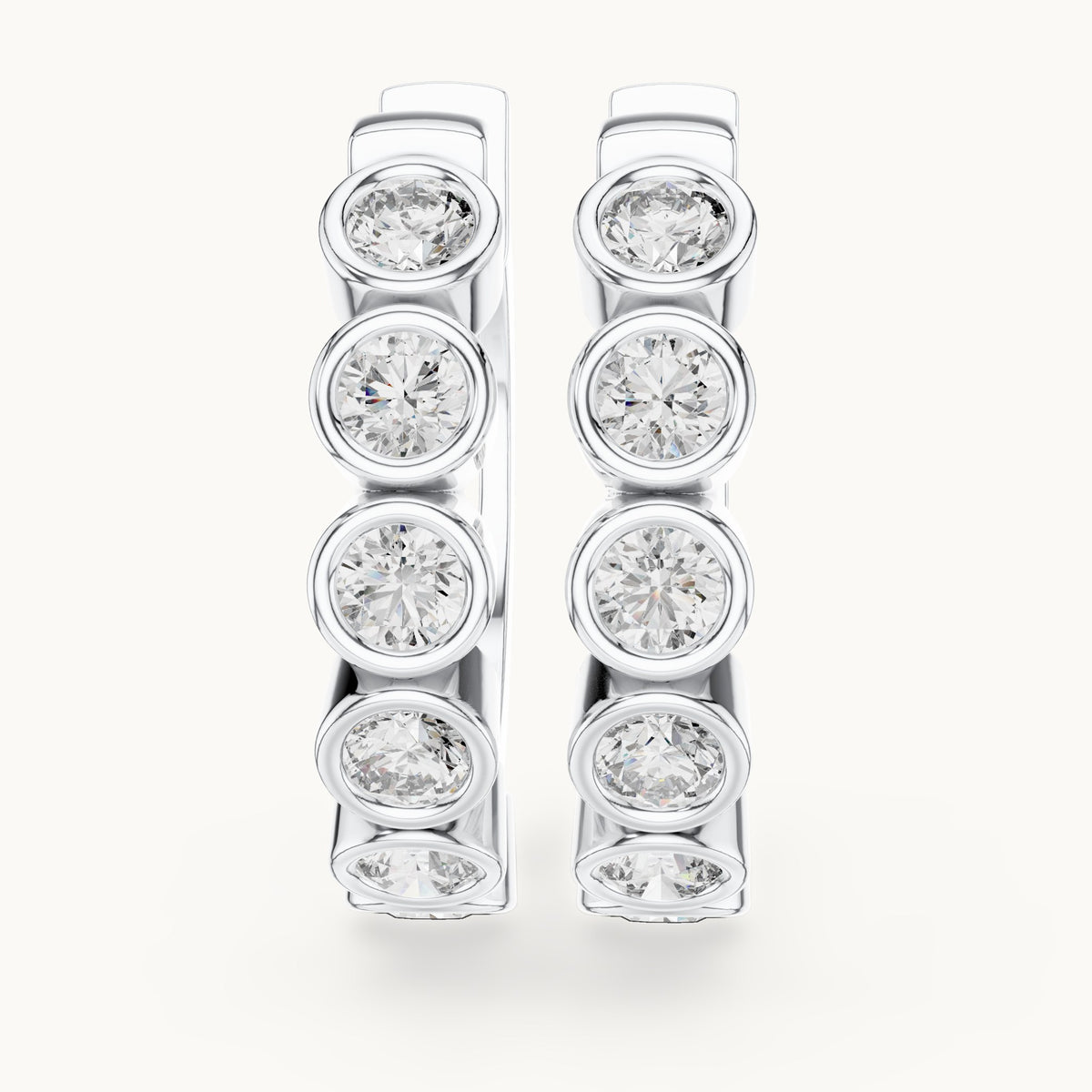 Round lab-grown diamond bezel bubble huggie earrings in white gold, 1.32 CT TW, view 1