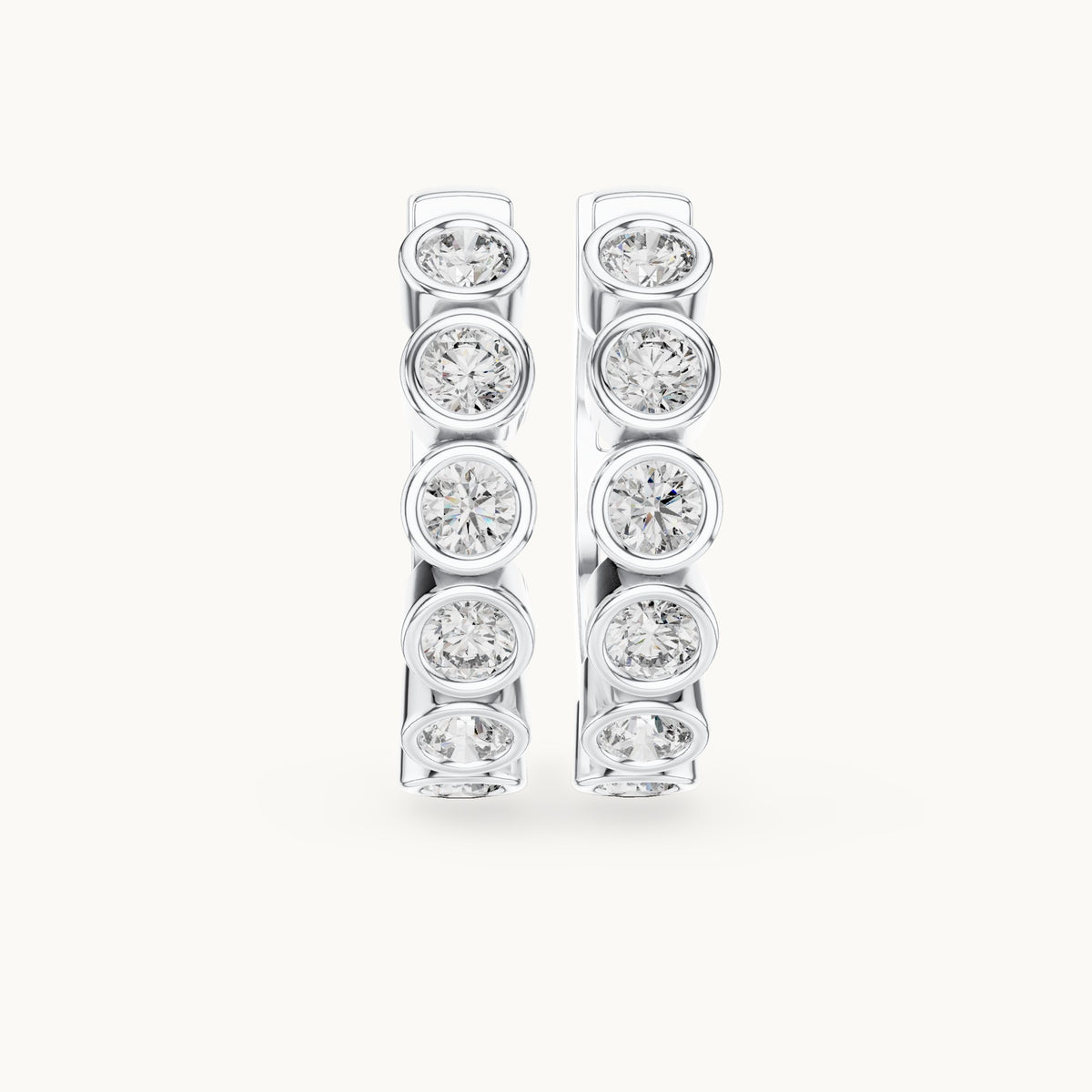 Round lab-grown diamond bezel bubble huggie earrings in white gold, 1.32 CT TW, view 4