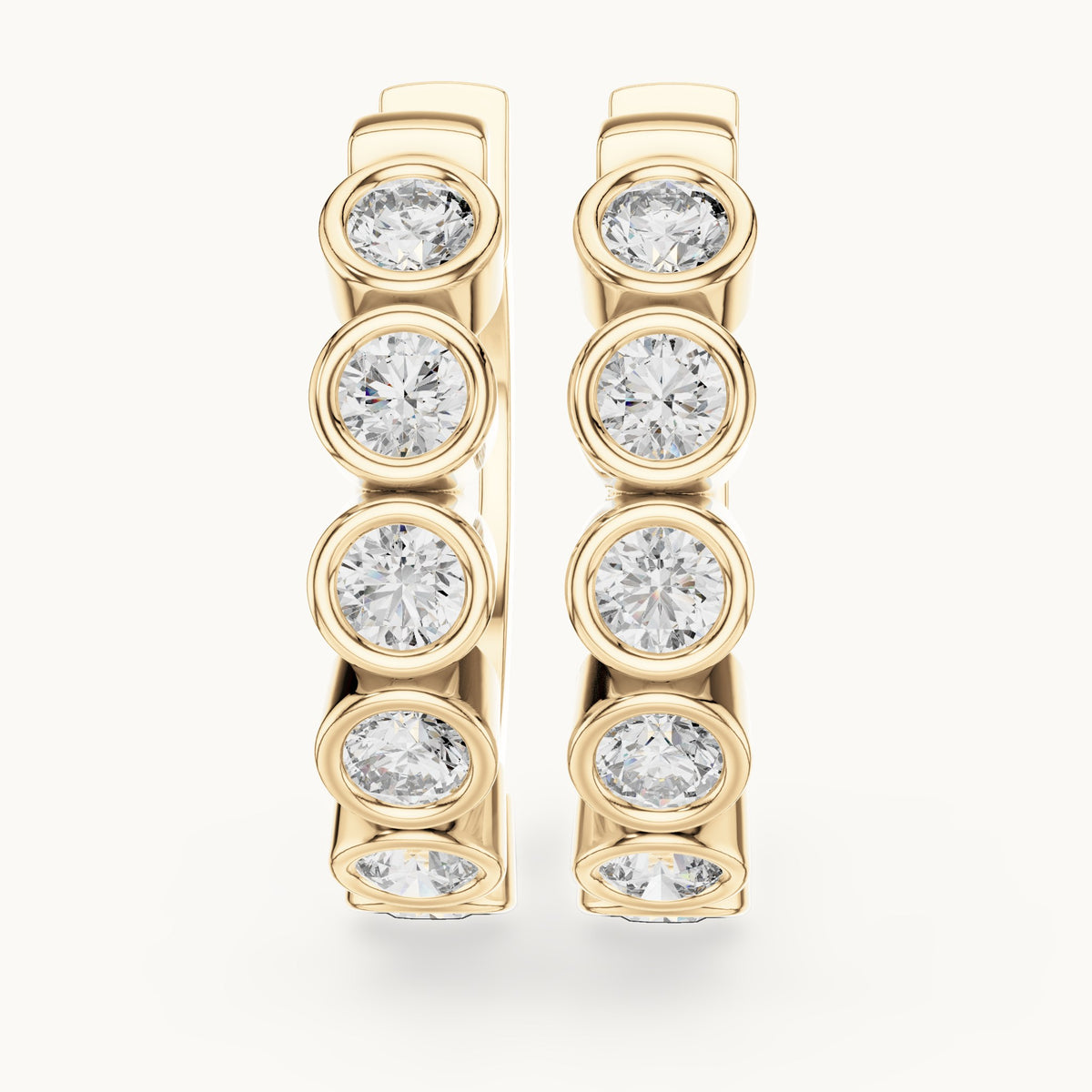 Round lab-grown diamond bezel bubble huggie earrings in yellow gold, 1.32 CT TW, view 1