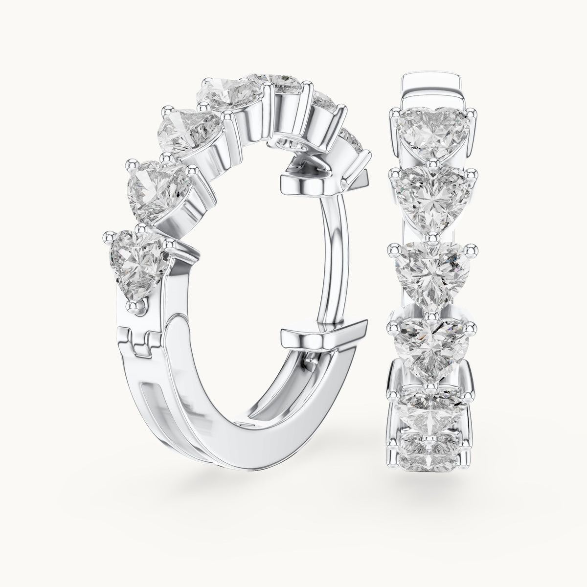 Heart lab-grown diamond front-set hoop earrings in white gold, 2.80 CT TW, view 1
