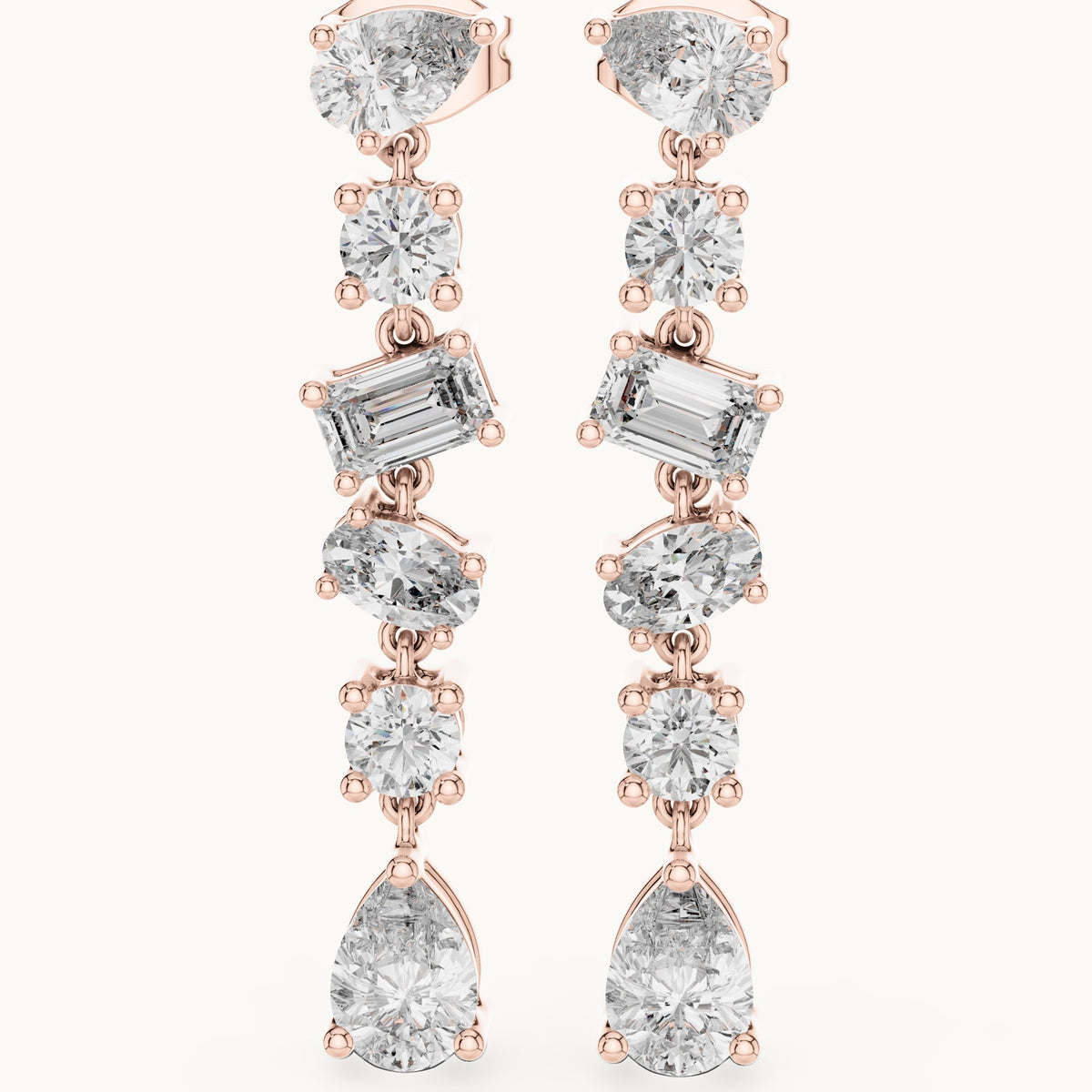 Pear, round and emerald-cut lab-grown diamond mixed-cut cascade drop earrings in rose gold, 2.88 CT TW, view 1
