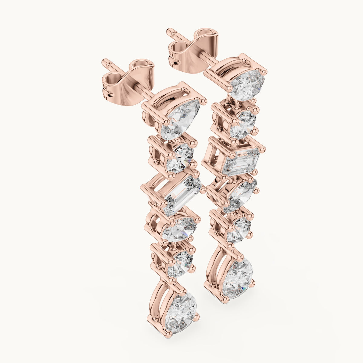 Pear, round and emerald-cut lab-grown diamond mixed-cut cascade drop earrings in rose gold, 2.88 CT TW, view 2