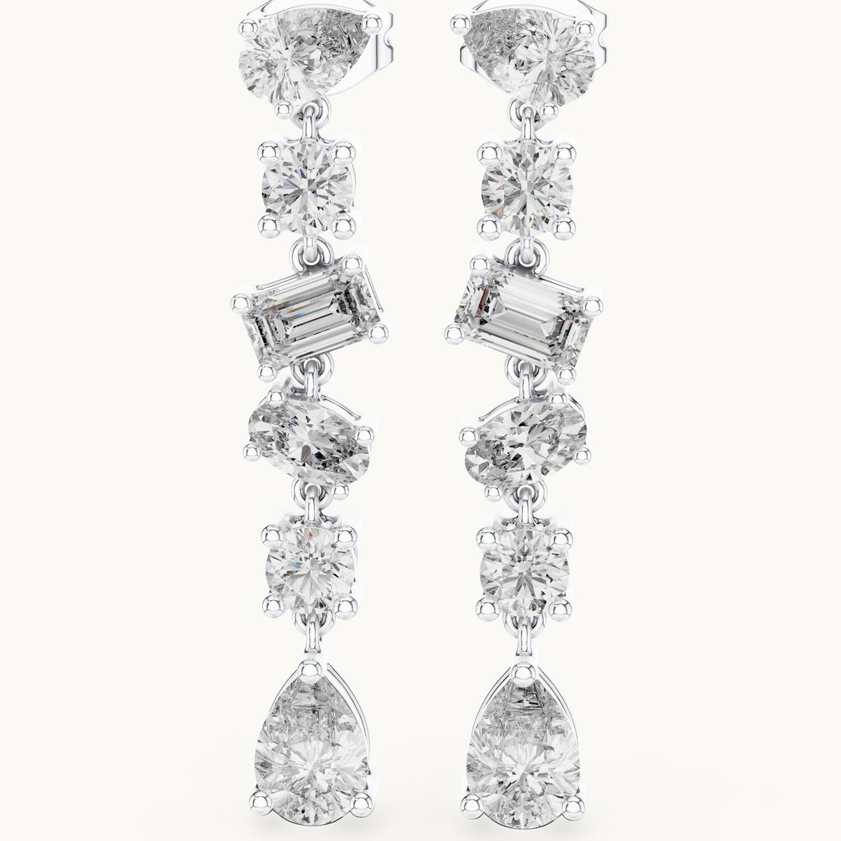 Pear, round and emerald-cut lab-grown diamond mixed-cut cascade drop earrings in white gold, 2.88 CT TW, view 1