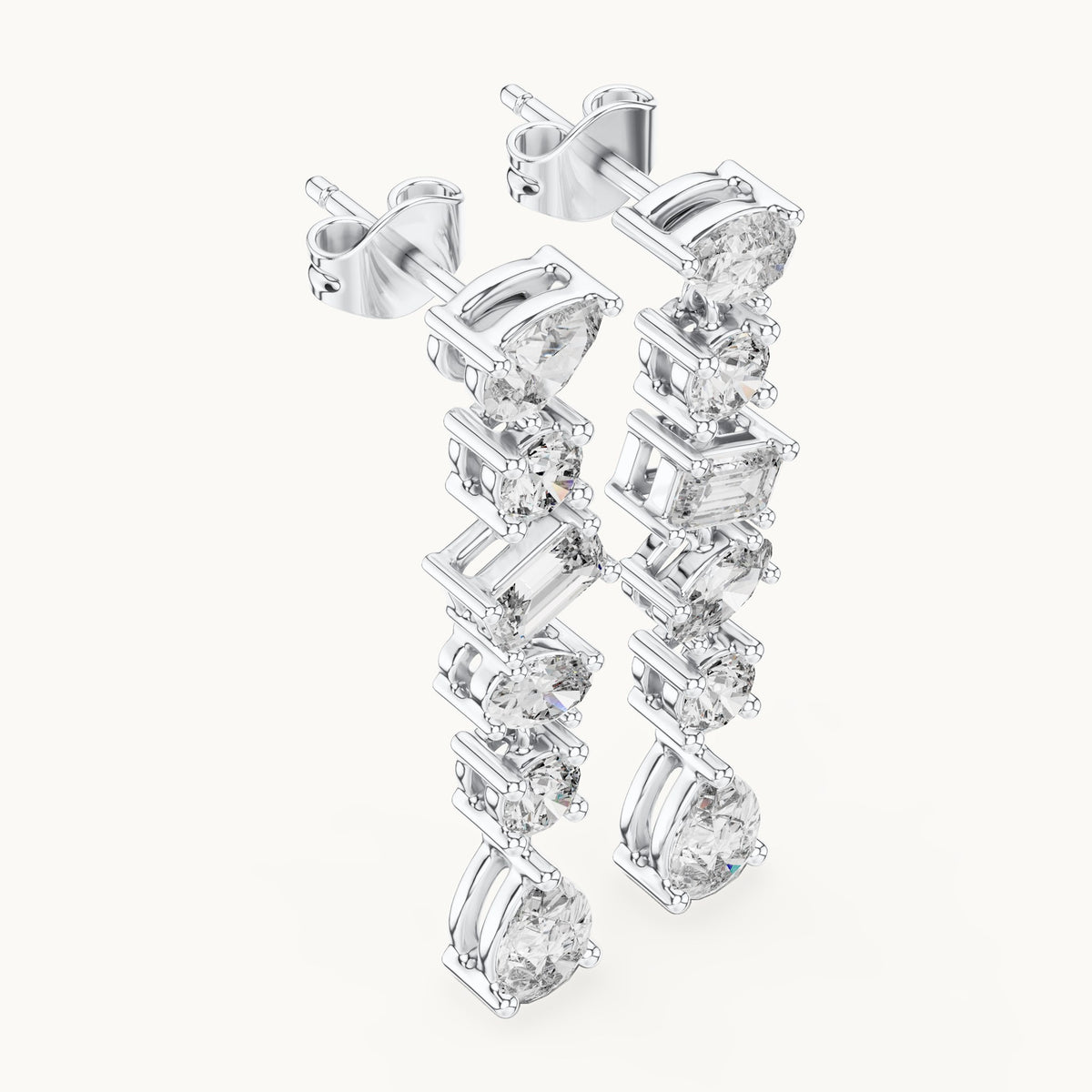 Pear, round and emerald-cut lab-grown diamond mixed-cut cascade drop earrings in white gold, 2.88 CT TW, view 2