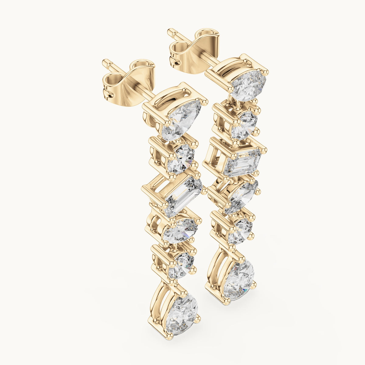 Pear, round and emerald-cut lab-grown diamond mixed-cut cascade drop earrings in yellow gold, 2.88 CT TW, view 2